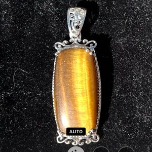 Gorgeous Tiger's Eye Pendant with Ornate Silver Filagree Accents EUC